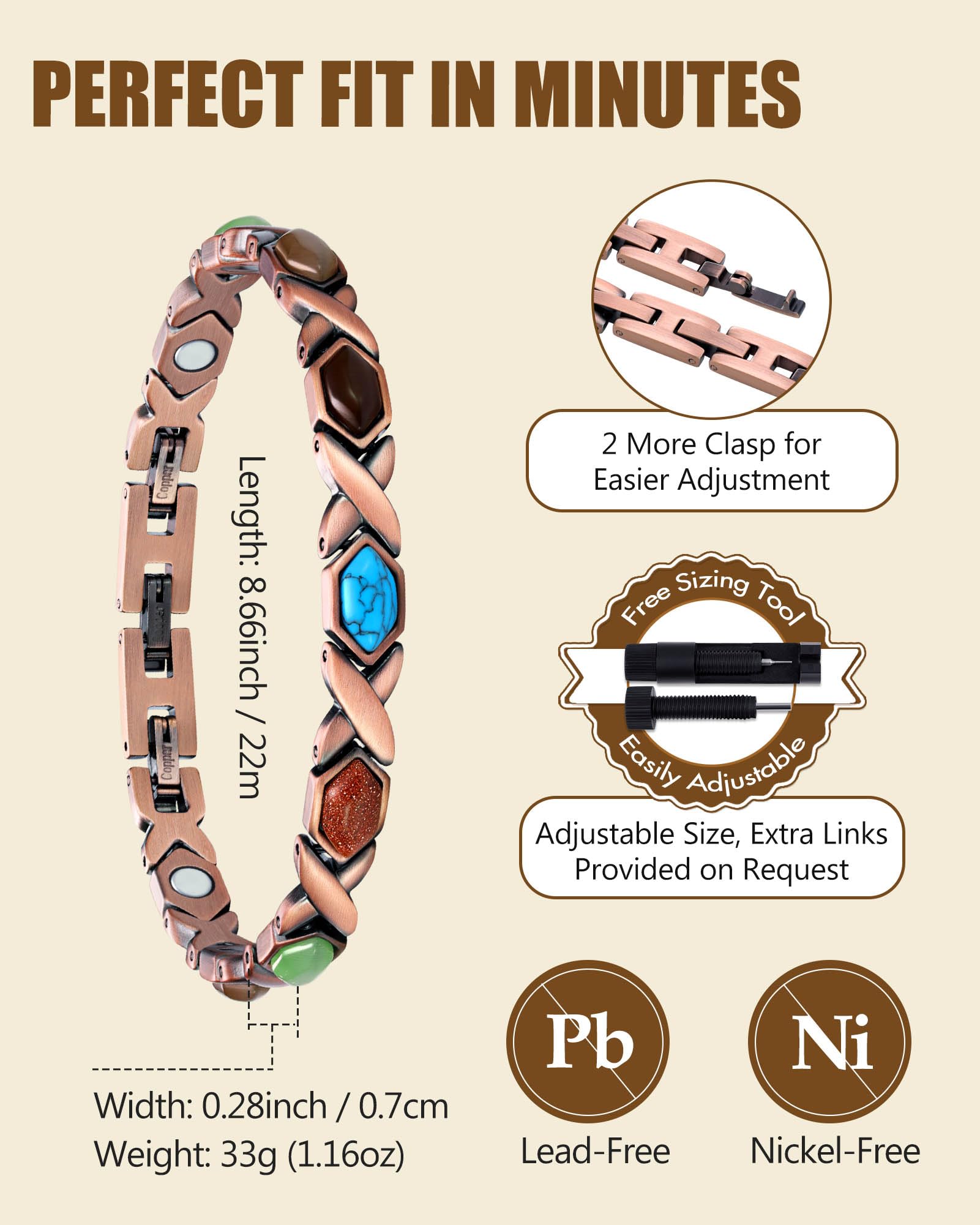 Feraco magnetic bracelet features up to 3800 gauss magnets for subtle support.