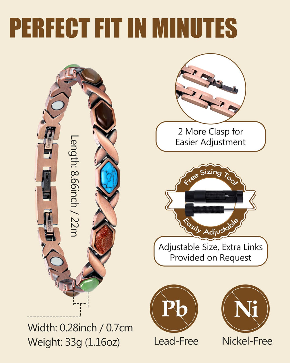 Feraco magnetic bracelet features up to 3800 gauss magnets for subtle support.