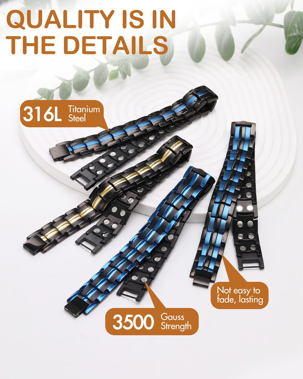 Feraco men's titanium steel bracelet magnets detail showing dual-row design.