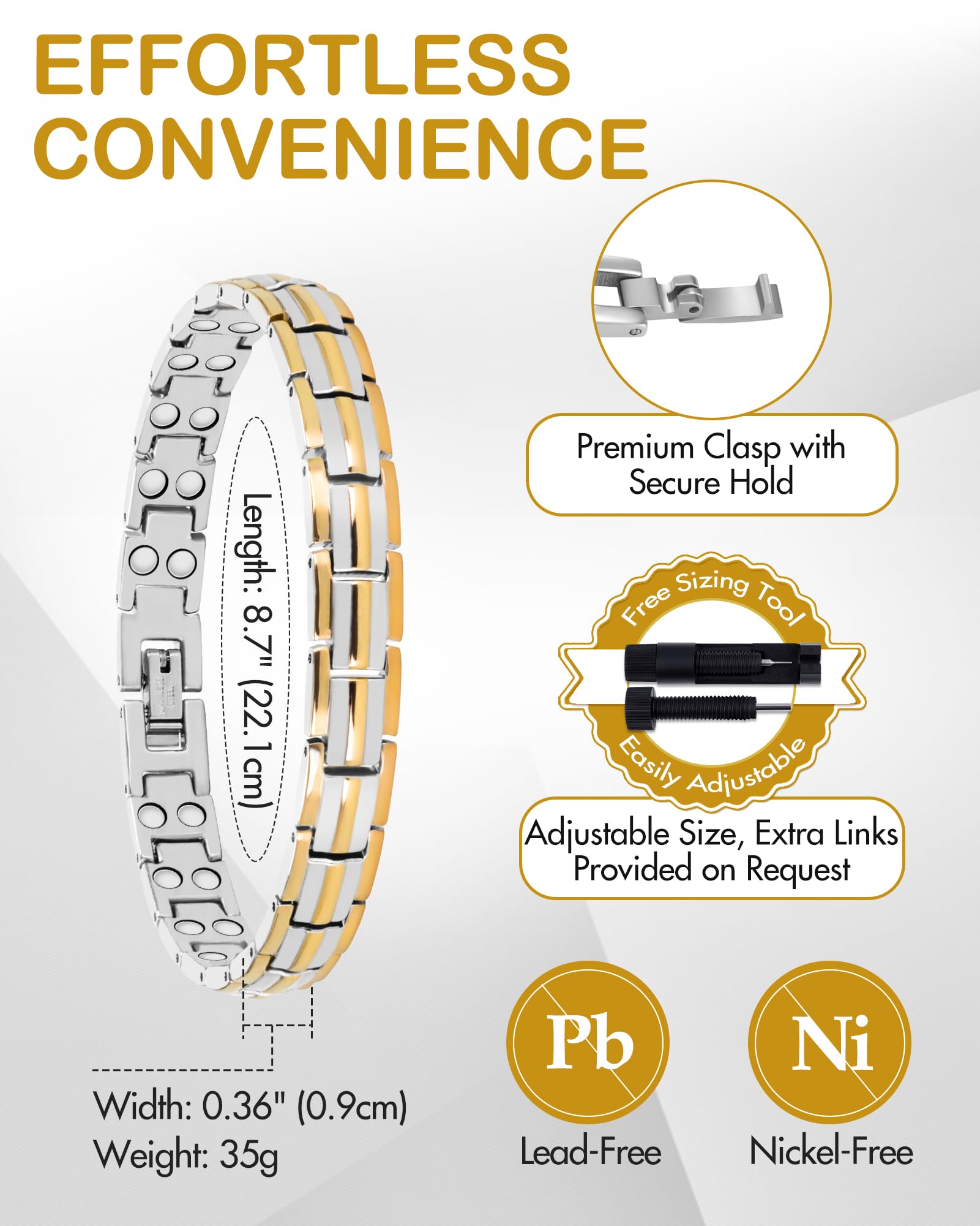 Feraco bracelet is waterproof and hypoallergenic for long-lasting wear.