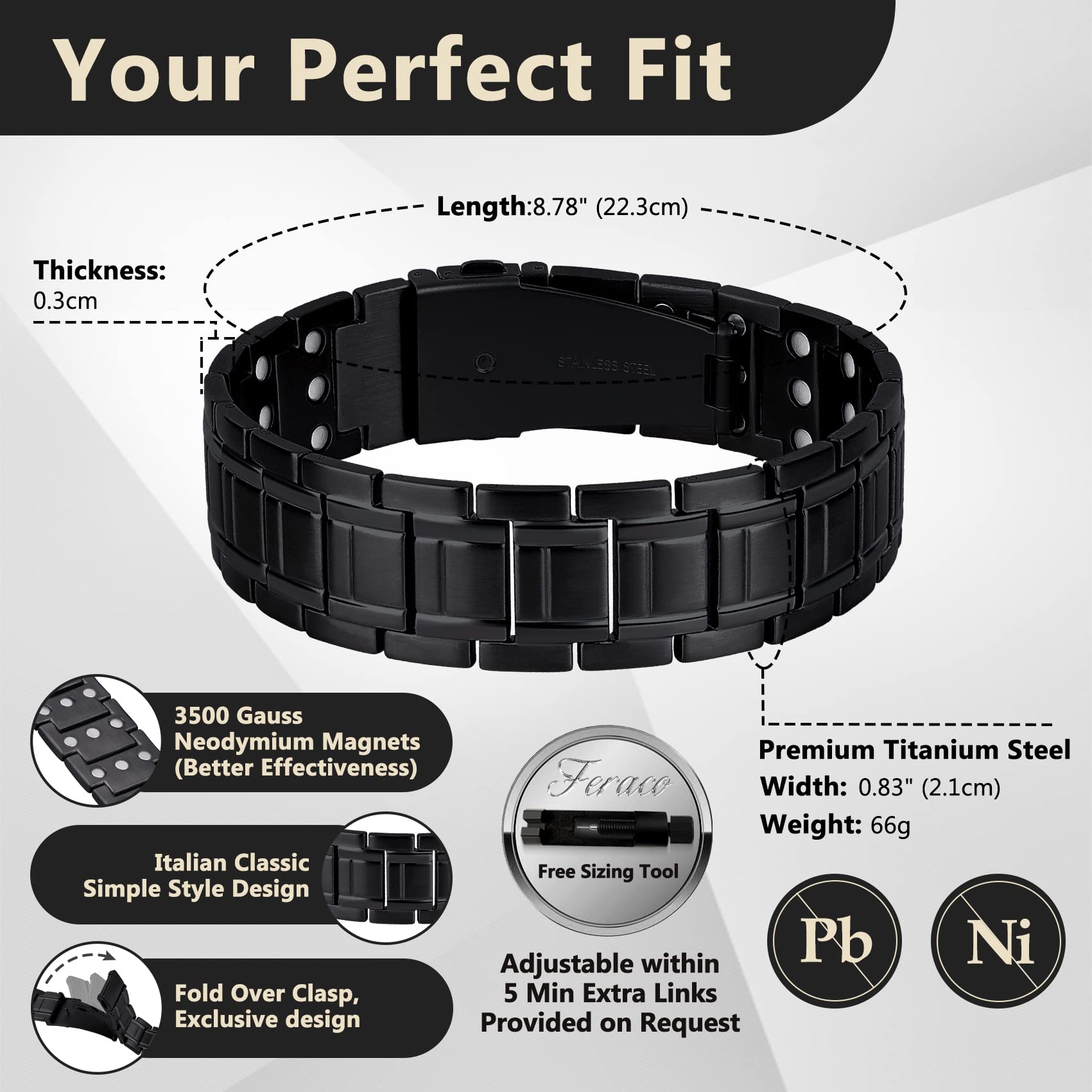 Feraco bracelet close-up magnets showing 3500 gauss strength for enhanced wear.