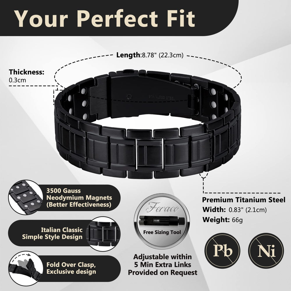 Feraco bracelet close-up magnets showing 3500 gauss strength for enhanced wear.