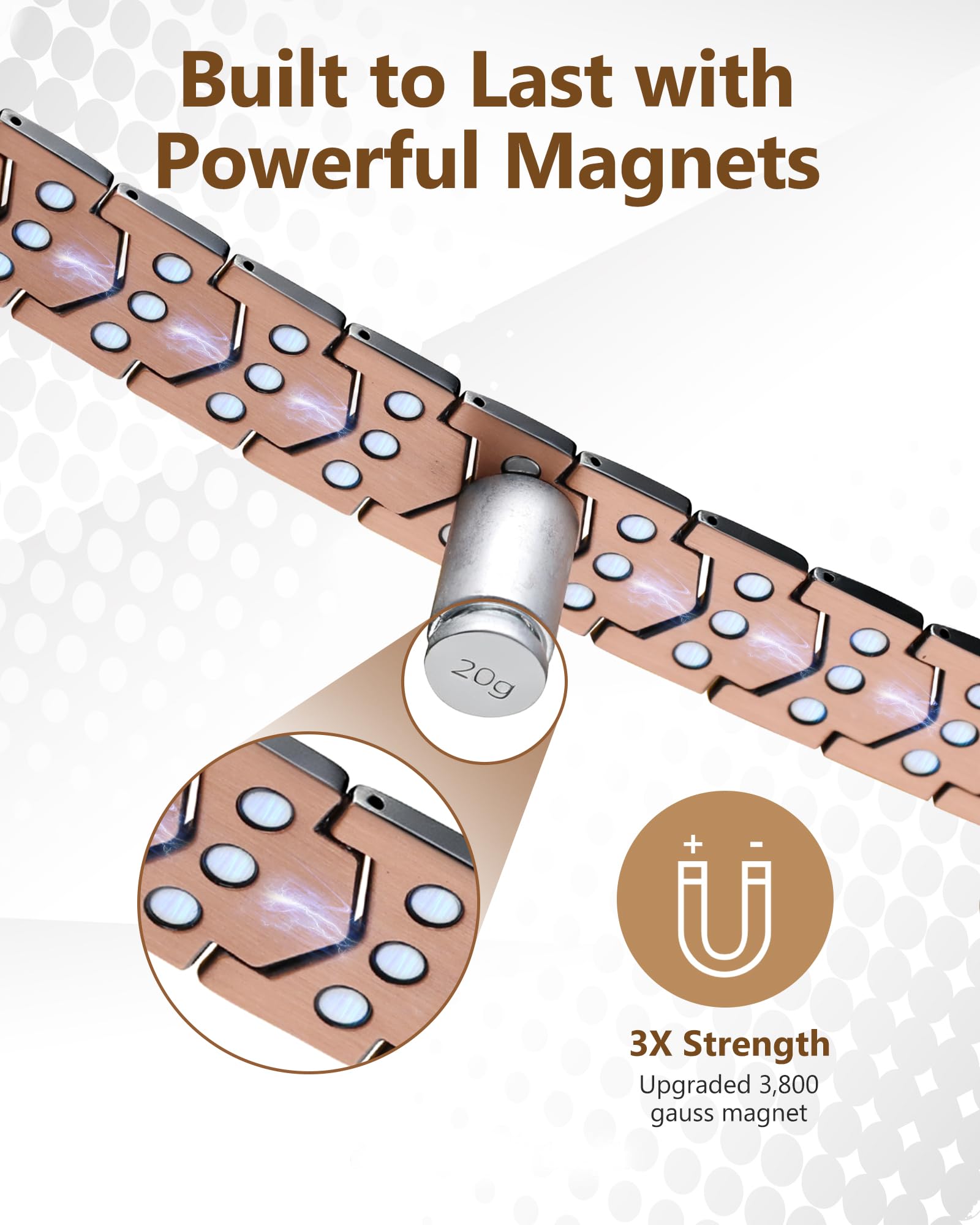 Feraco magnetic copper bracelet highlights 3800 Gauss magnets for balanced daily wear.