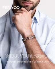 Feraco magnetic copper bracelet on wrist highlighting the cross pattern for daily wear.