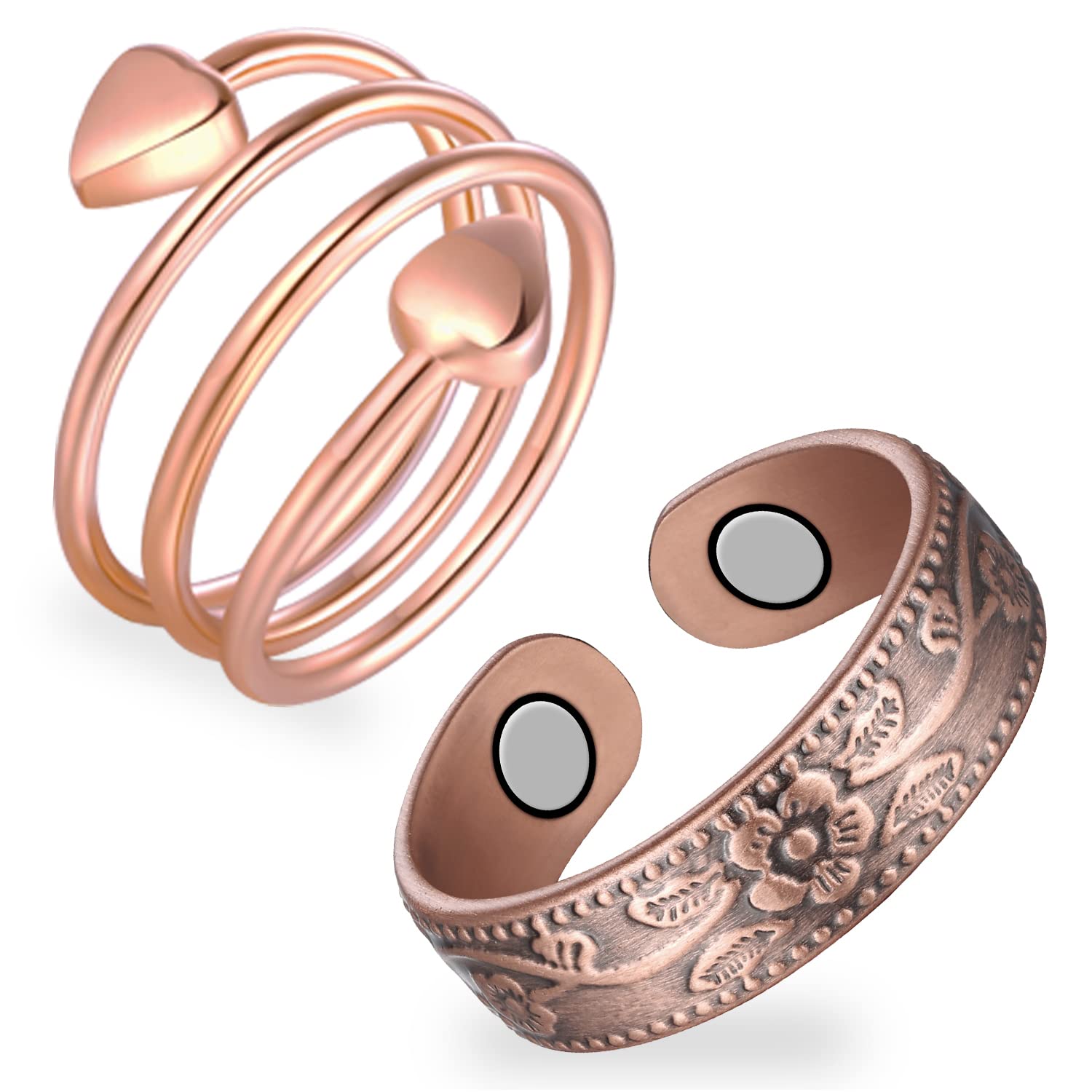 Feraco magnetic copper ring front view with heart design offers adjustable fit for daily elegance