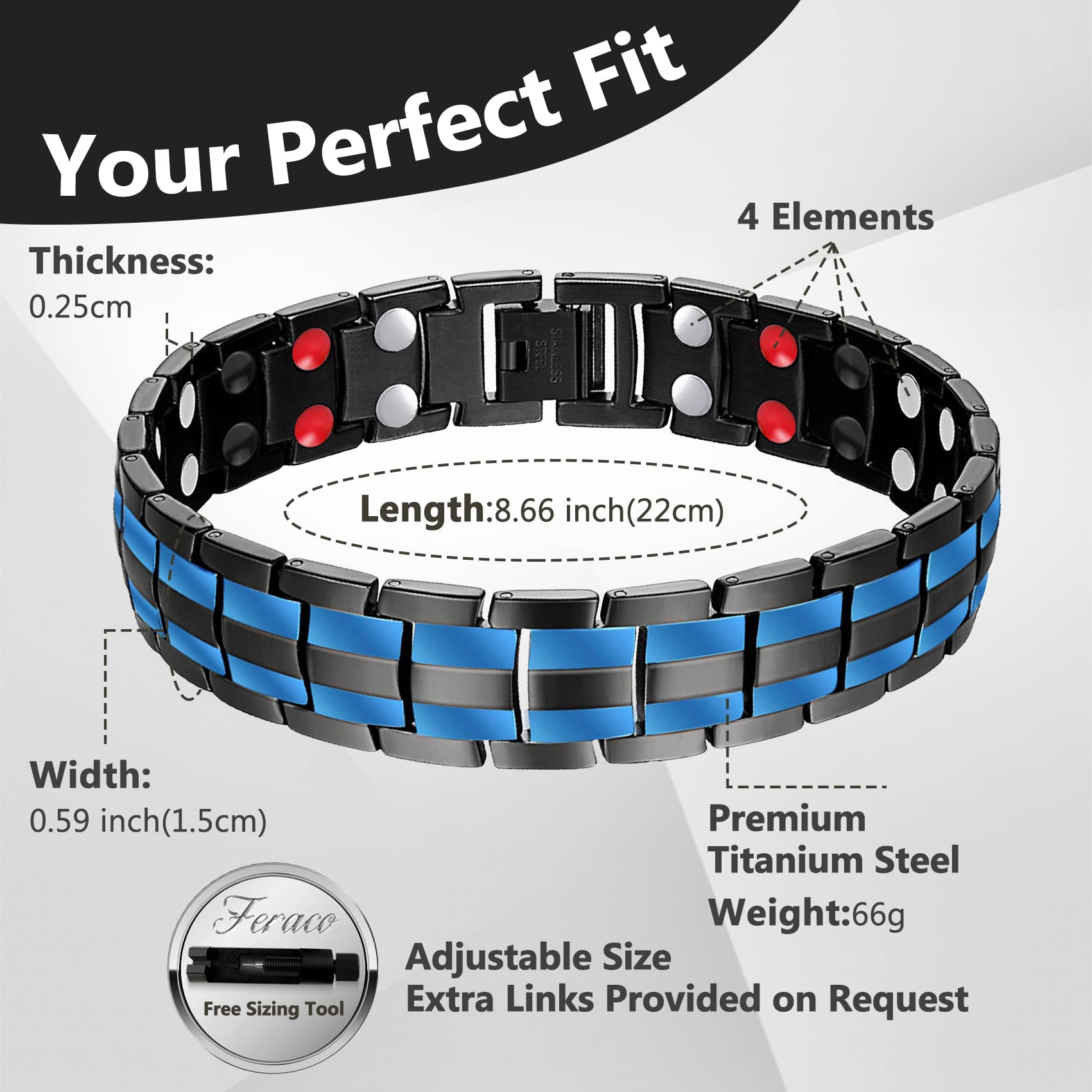 Feraco magnetic bracelet with black IP plating resists scratches for daily wear.