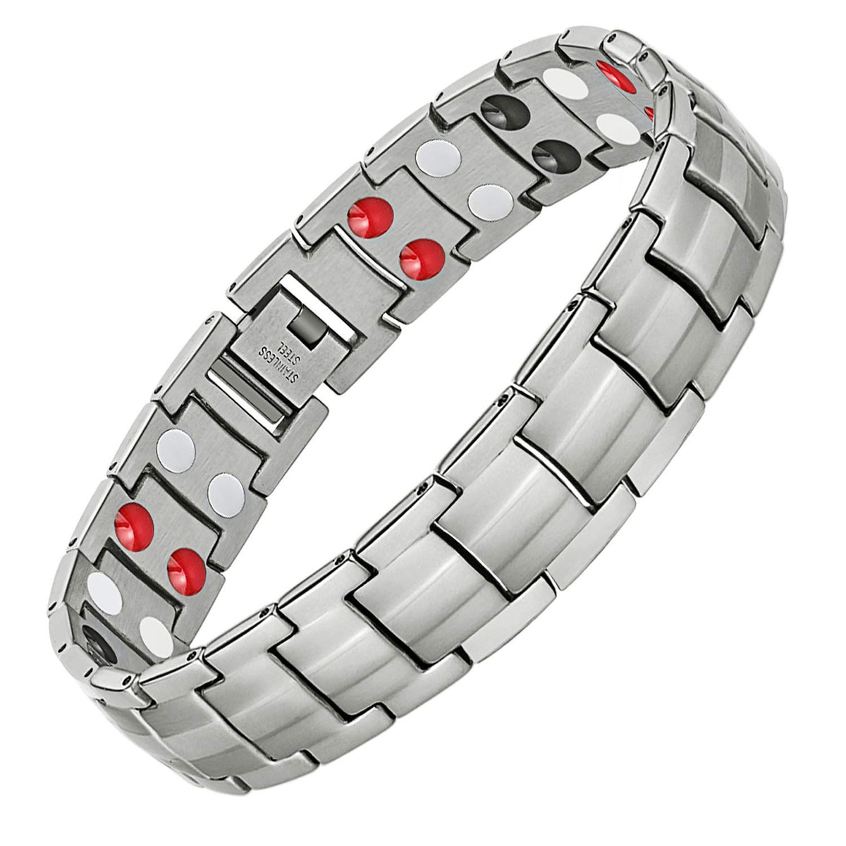 Feraco mens magnetic bracelet, titanium steel, double-row magnets, silver finish for everyday wear.