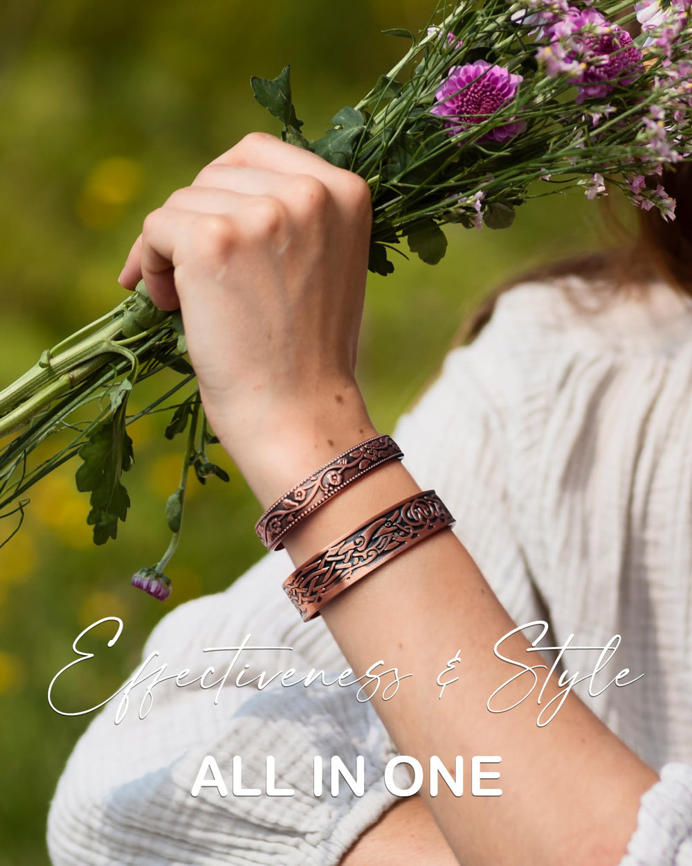 Feraco open adjustable cuff fits most wrists with a gentle squeeze for easy sizing.