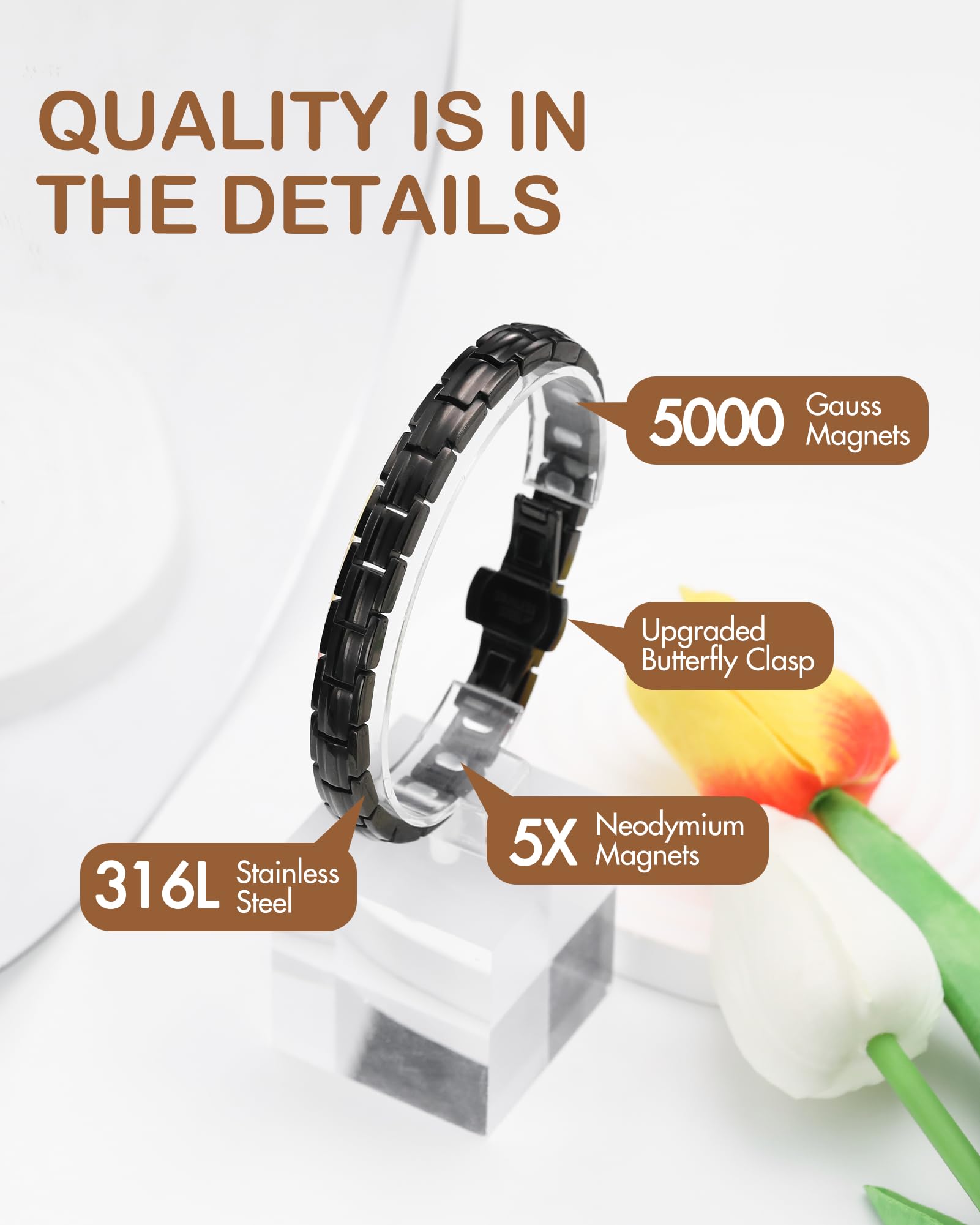 Feraco premium stainless steel material emphasizing hypoallergenic, durable design