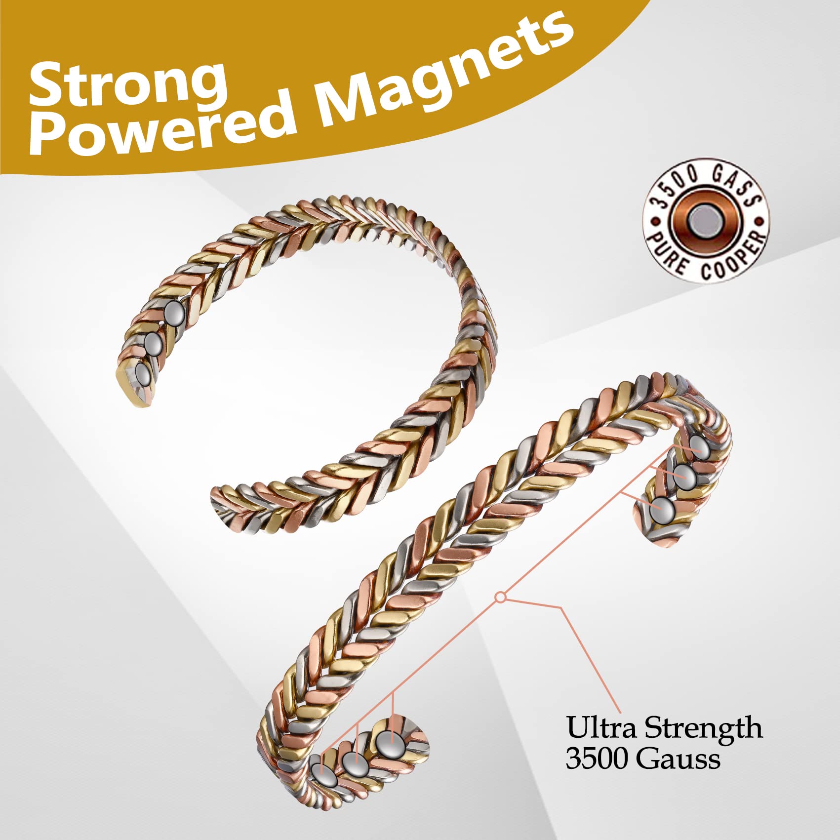 Feraco Pure Copper Bracelet three-tone braided pattern close-up texture