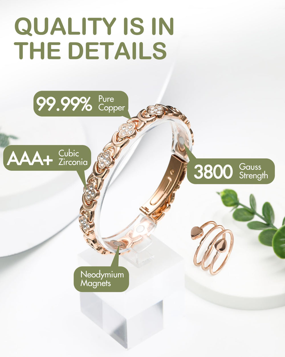 Feraco Pure Copper Bracelet four-leaf clover infinity CZ detail.