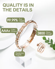 Feraco Pure Copper Bracelet four-leaf clover infinity CZ detail.