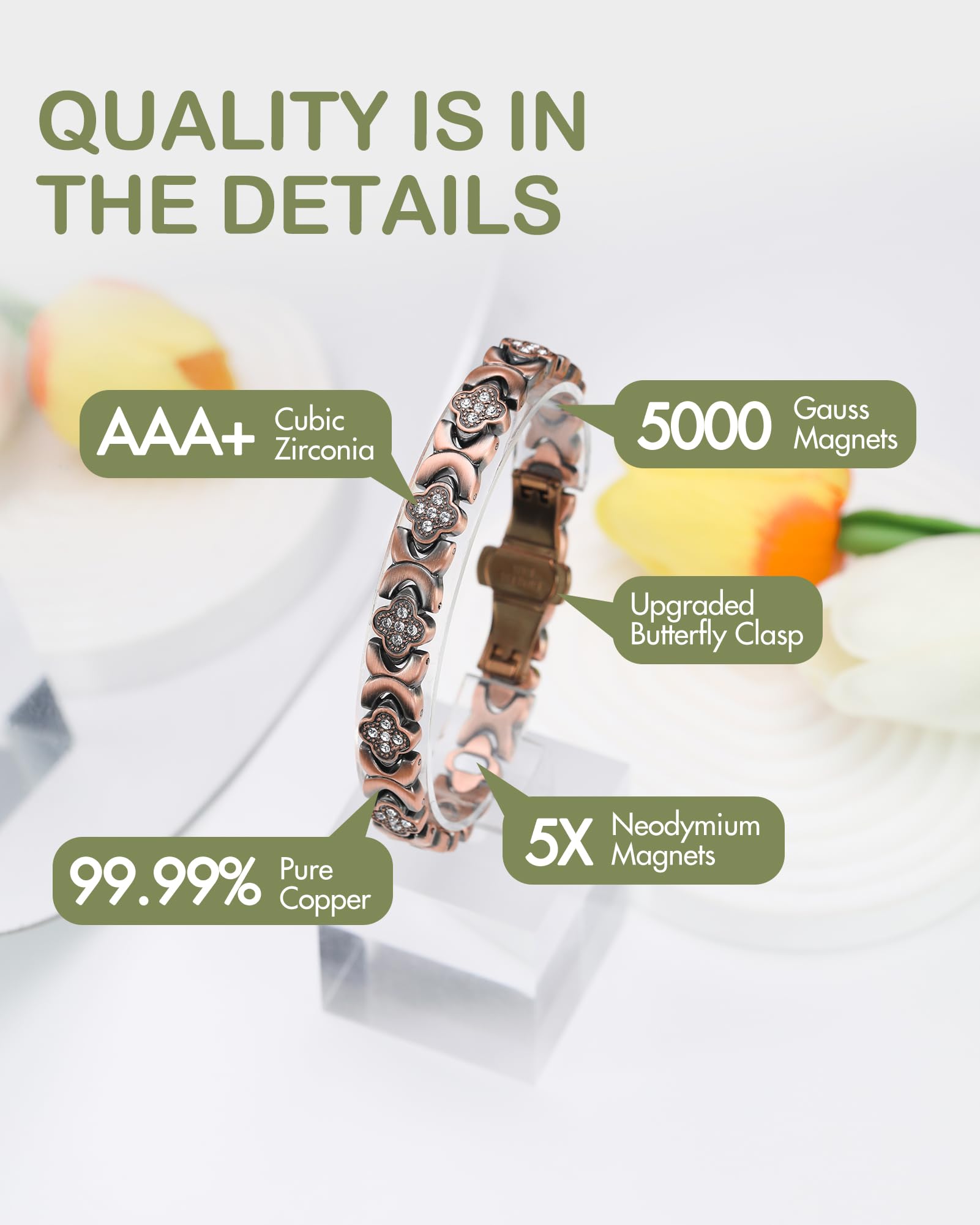 Feraco 99.99% copper bracelet displays warm, hypoallergenic surface for daily comfort.