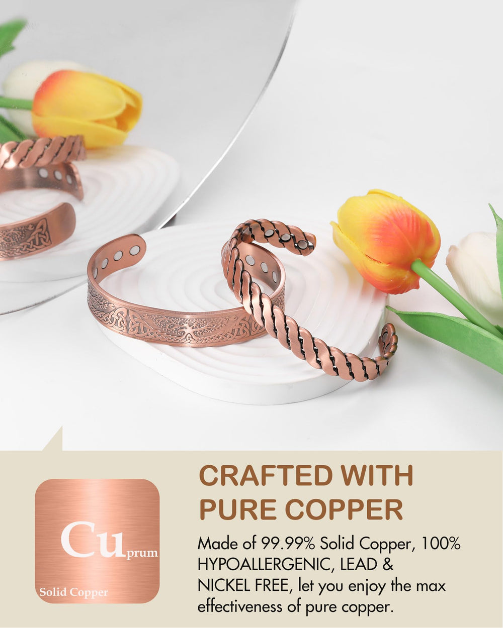 Feraco pure copper bracelet side view highlights durable, hypoallergenic material for comfortable all-day use.