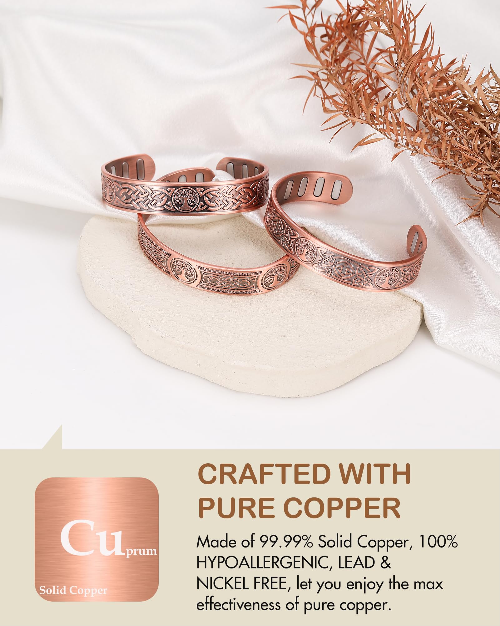 Feraco copper bracelet with Tree of Life and Celtic Knot symbols