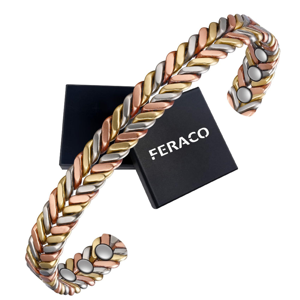 Feraco Pure Copper Bracelet tri-color braided worn for everyday style and comfort