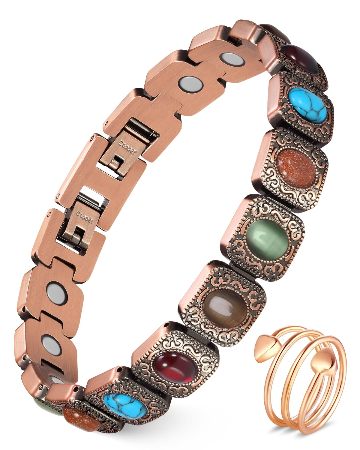 Feraco copper bracelet with turquoise close-up showing artisanal detail for everyday wear