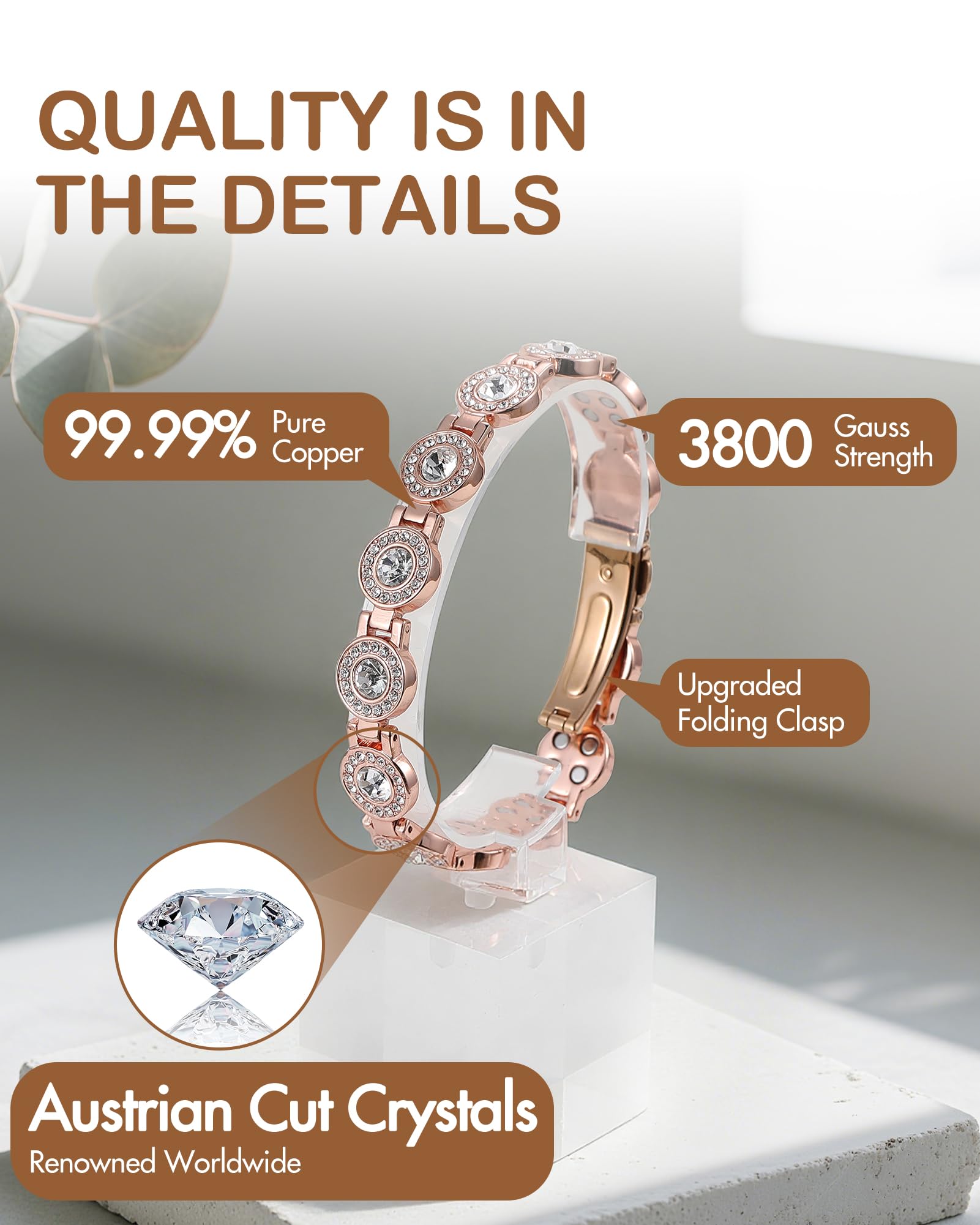 Feraco copper bracelet detail with Austrian crystals radiantly sparkling on facets