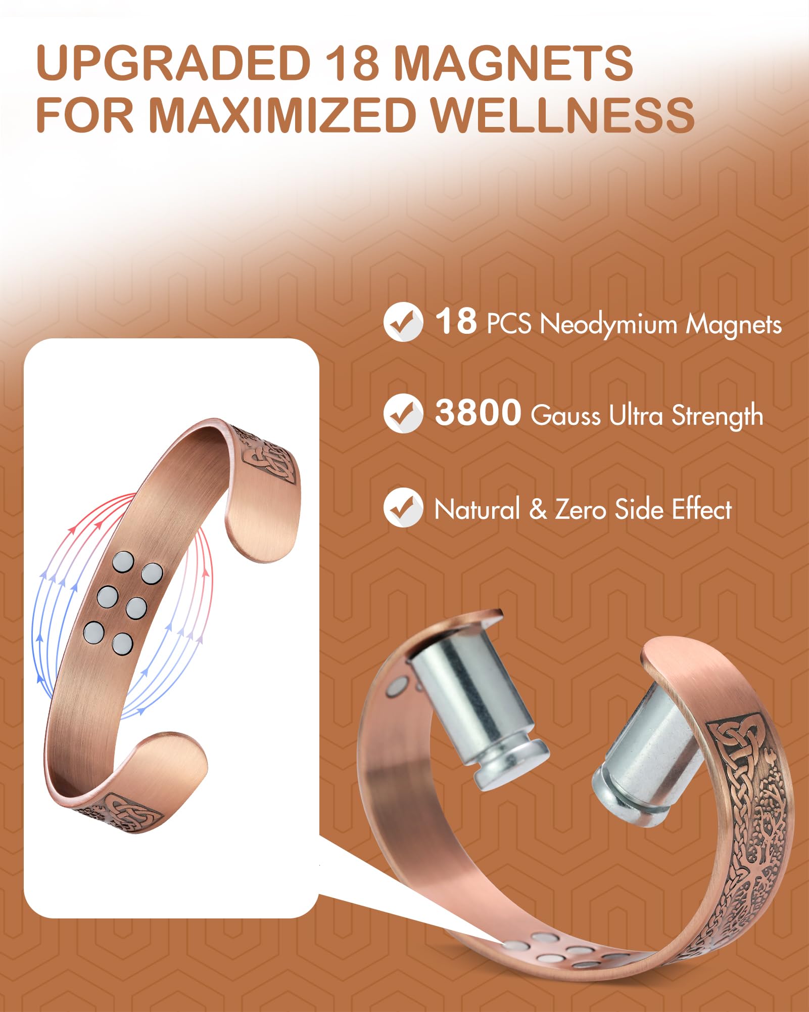Feraco solid copper bracelet with 18 magnets for lasting wear and style.