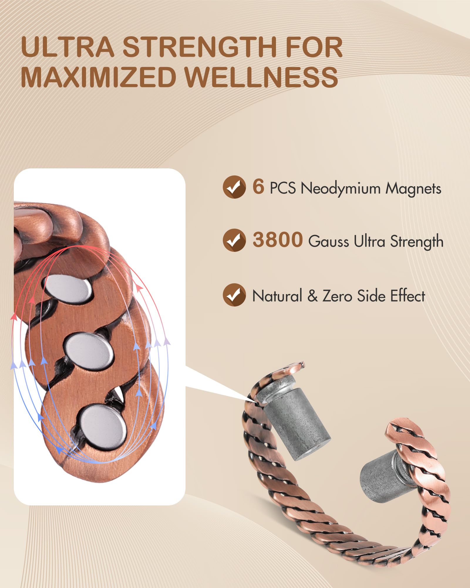 Feraco solid-copper cuff with open closure offers adjustable fit and easy wear.