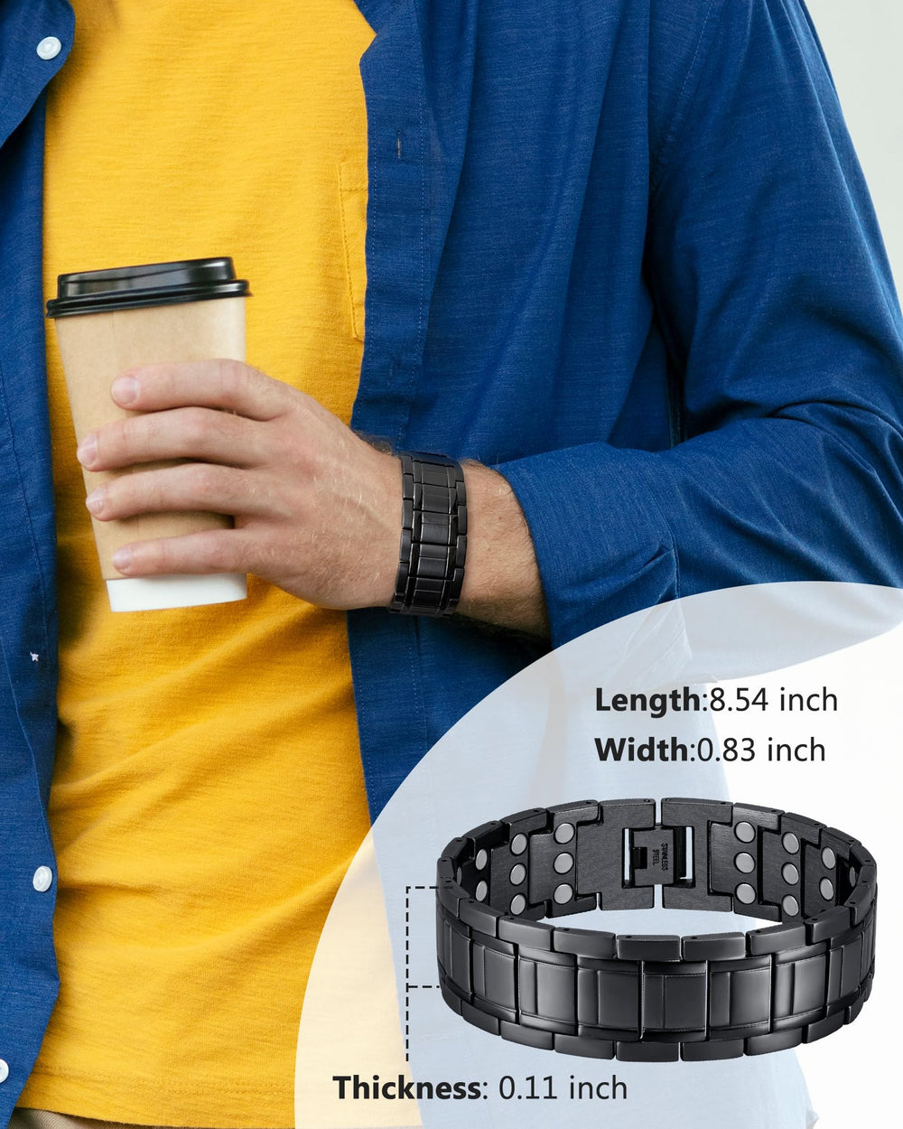 Feraco titanium steel magnetic bracelet close-up highlights durable, hypoallergenic build.