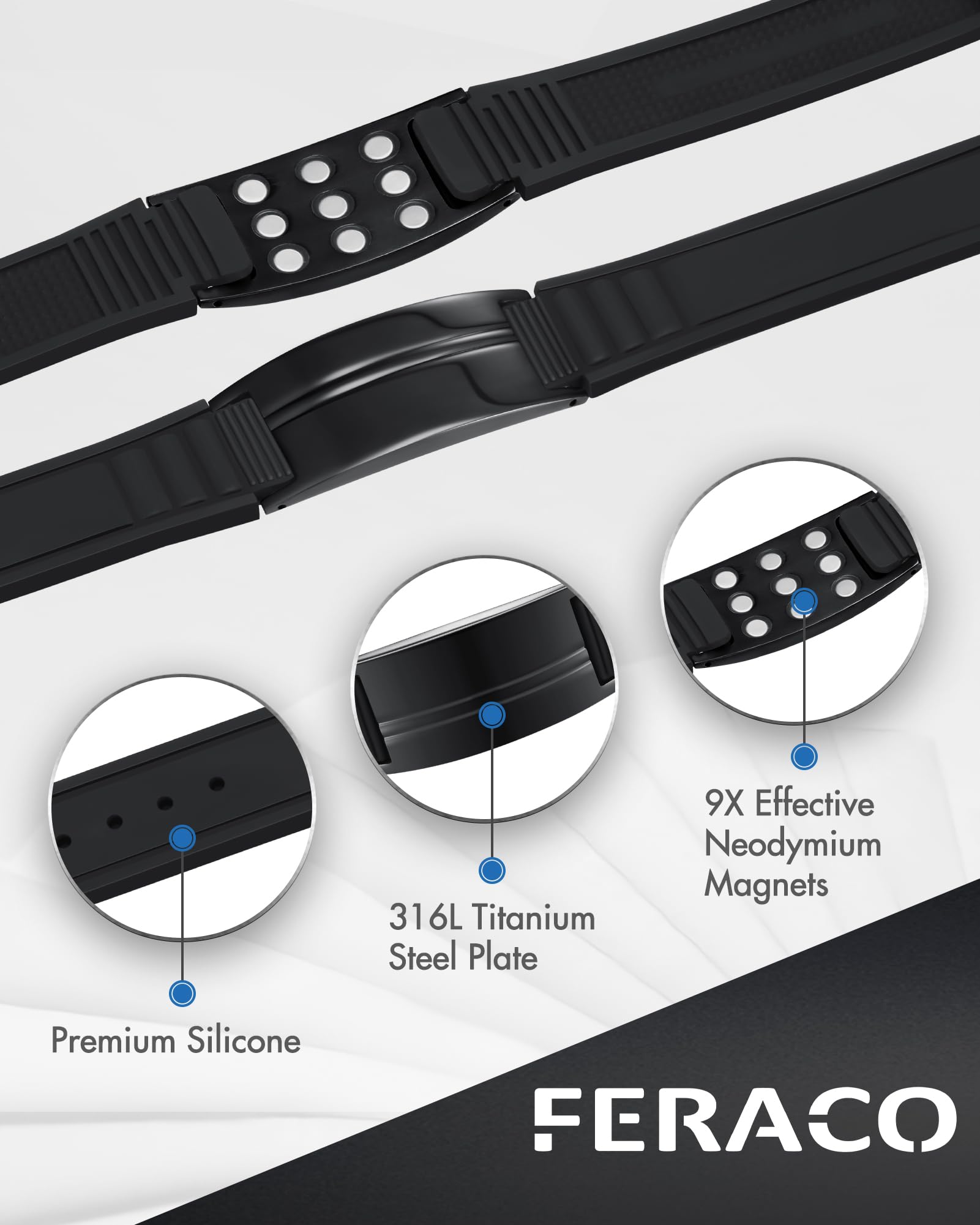 Feraco silicone wristband is waterproof and skin-friendly for daily wear.