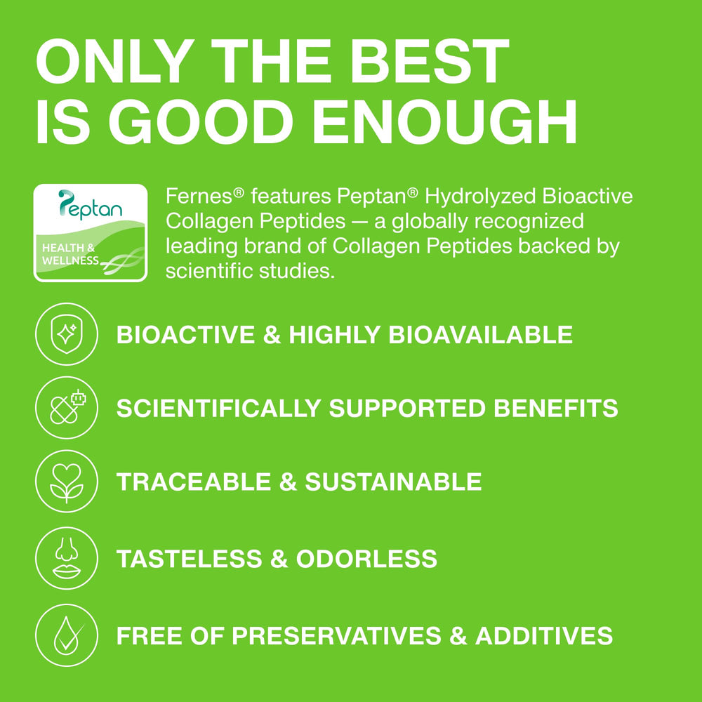 Fernes Collagen powder in smoothie highlights versatile mixability for wellness goals.