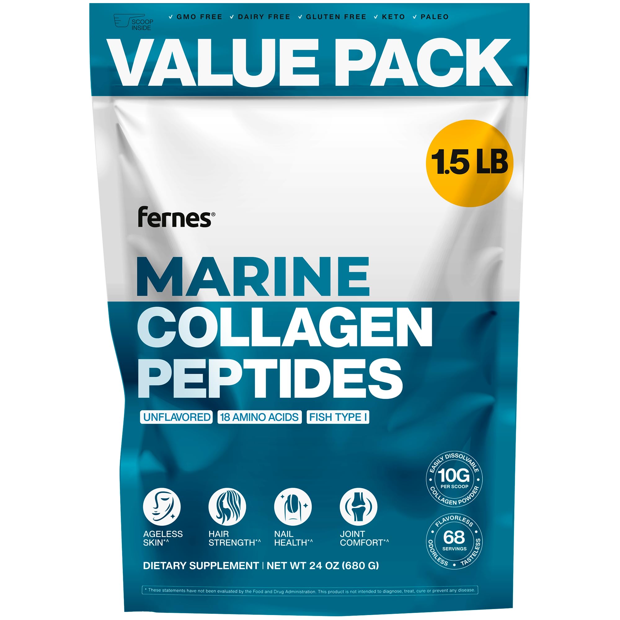 Fernes Marine Collagen bottle shown for joint support and radiance.