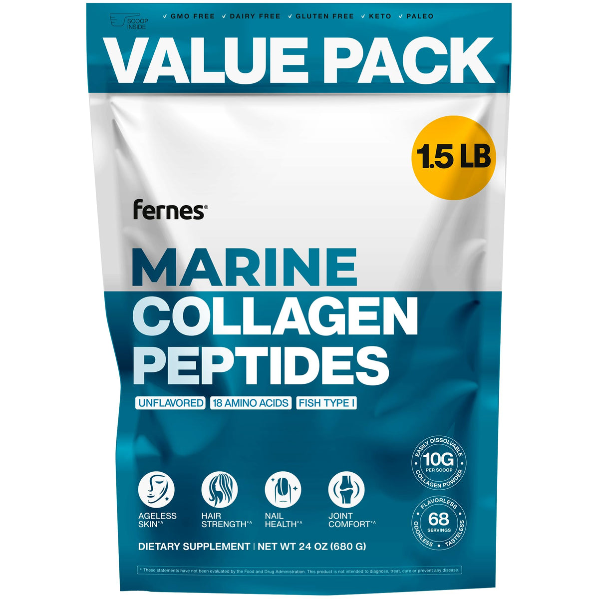 Fernes Marine Collagen bottle shown for joint support and radiance.