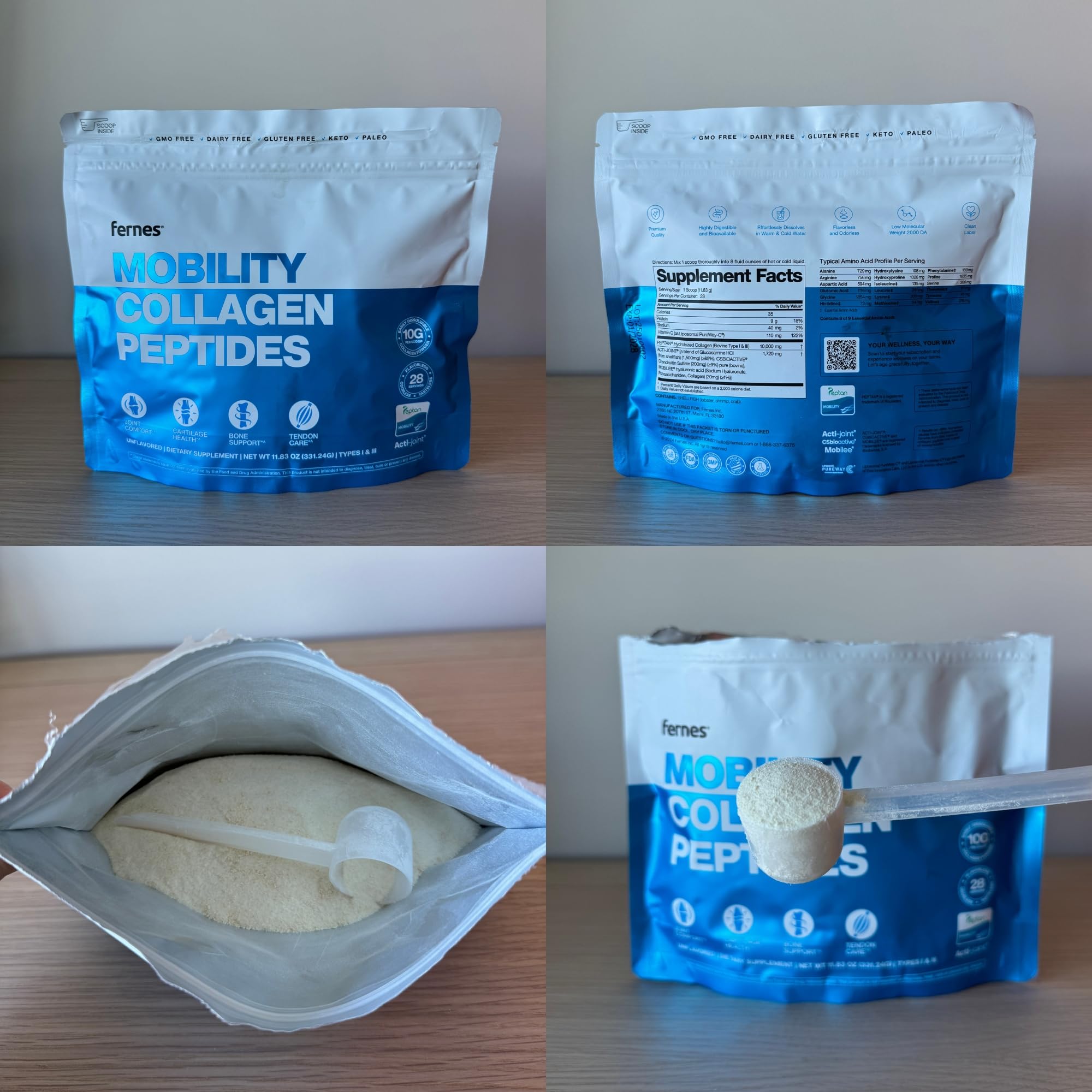 Fernes Mobility ingredients-panel features Acti-Joint with glucosamine, chondroitin, and hyaluronic acid.