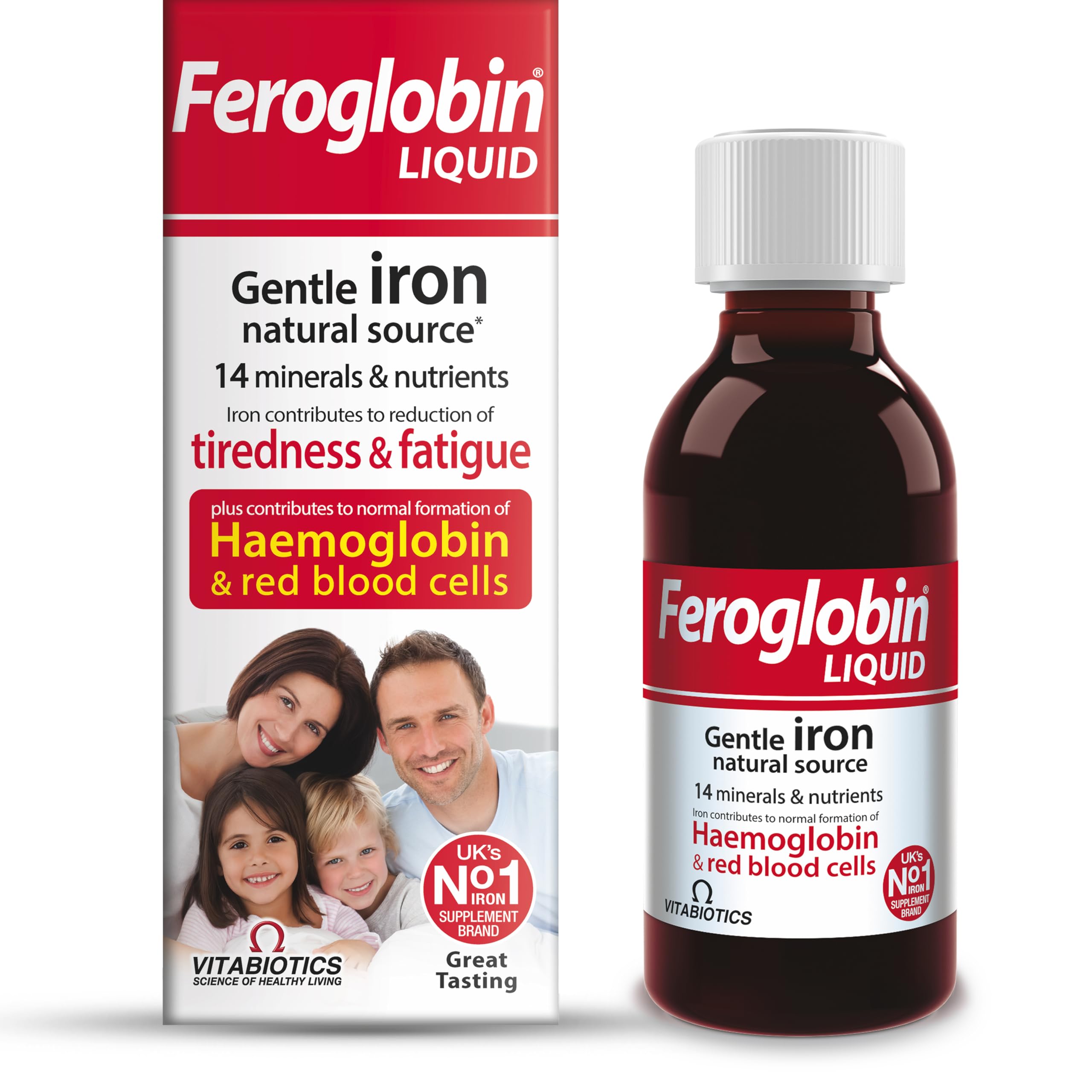 Feroglobin Gentle Iron bottle shown for daily family use and energy support.