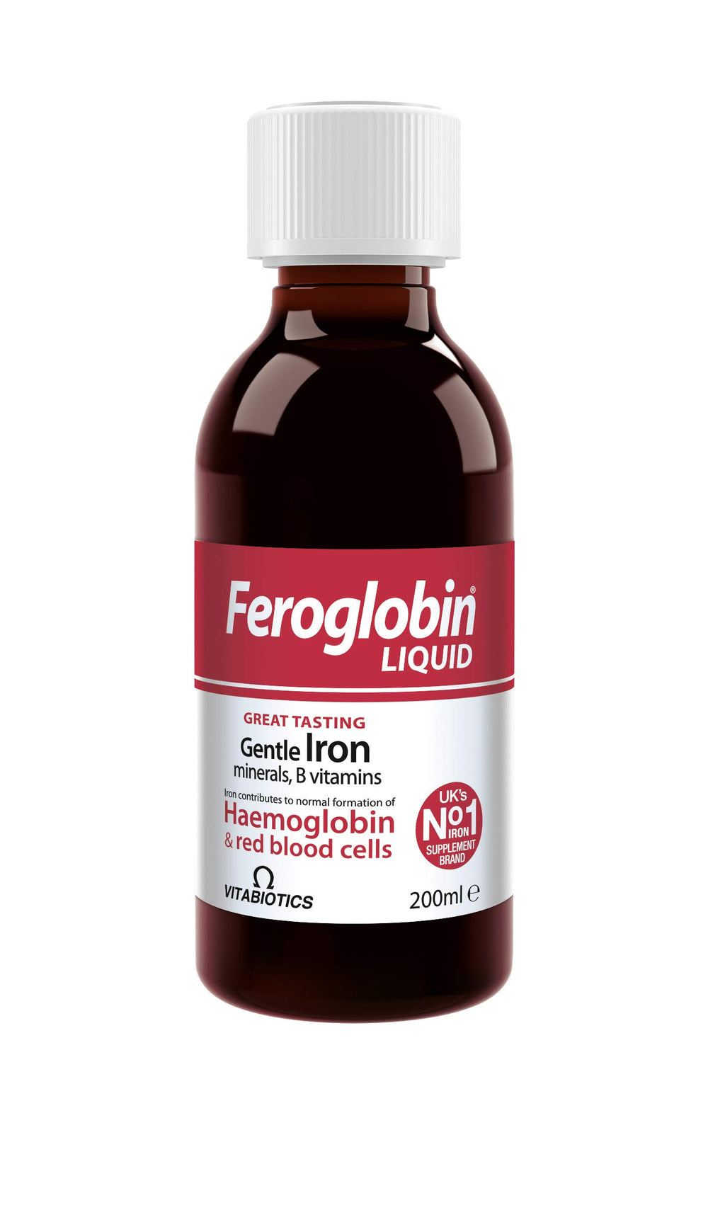 Feroglobin label close-up highlighting iron and vitamins for reduced fatigue potential.