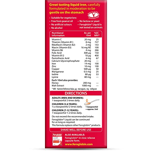 Feroglobin liquid label iron citrate close-up highlights gentle absorption.