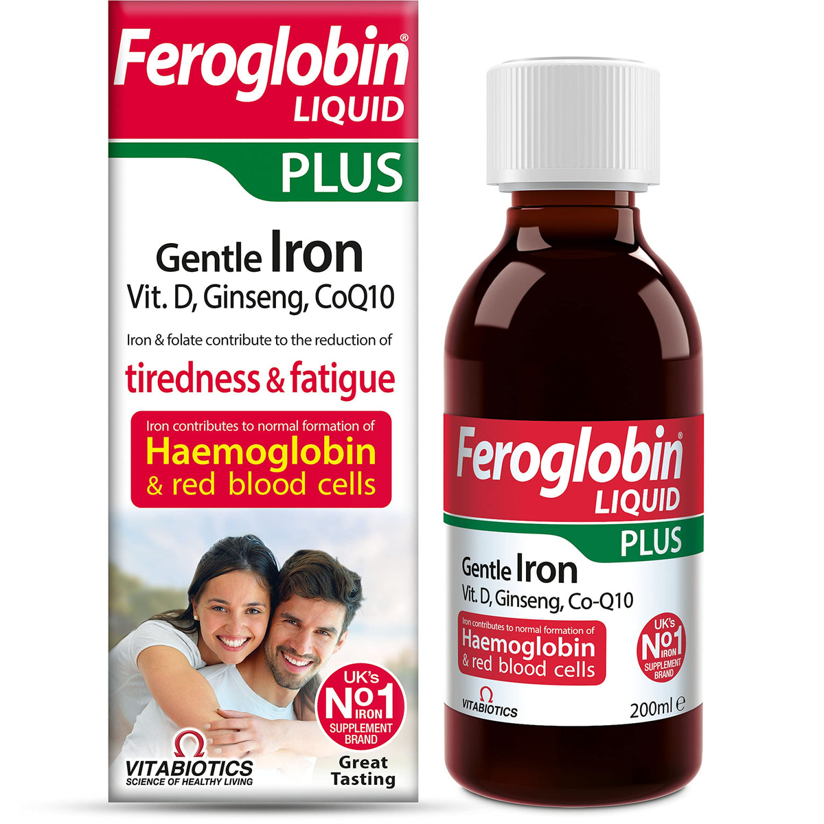 Feroglobin Plus Liquid bottle highlighting iron-rich formula with Co-Q10 and honey flavor