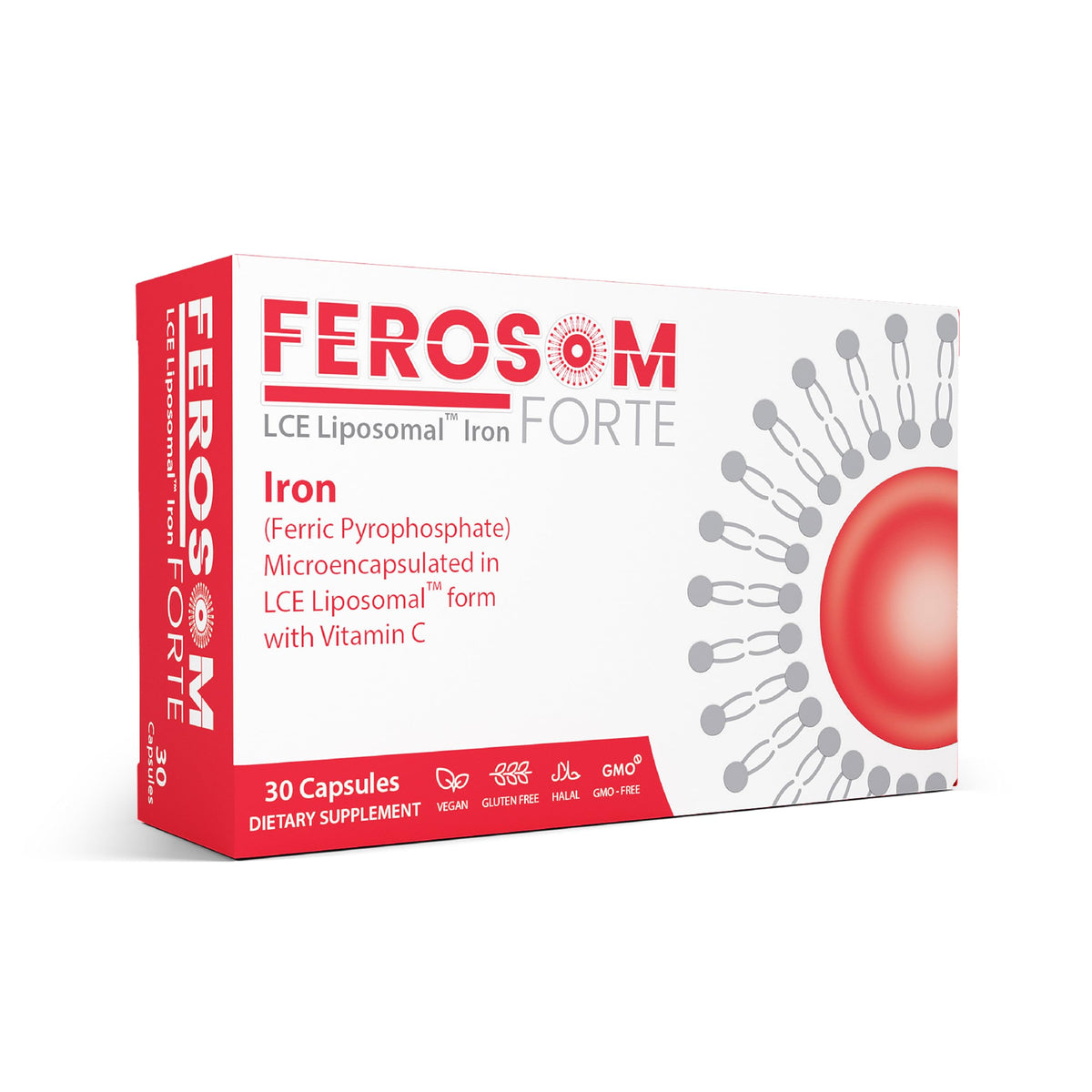 Ferosom Forte LCE bottle front shows a gentle daily iron supplement for steady energy