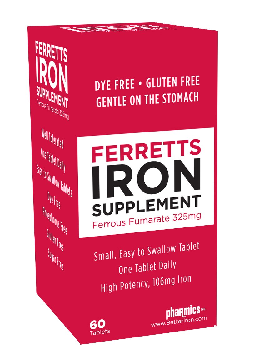 Ferretts iron tablets bottle label close-up, high-potency iron detail for energy support