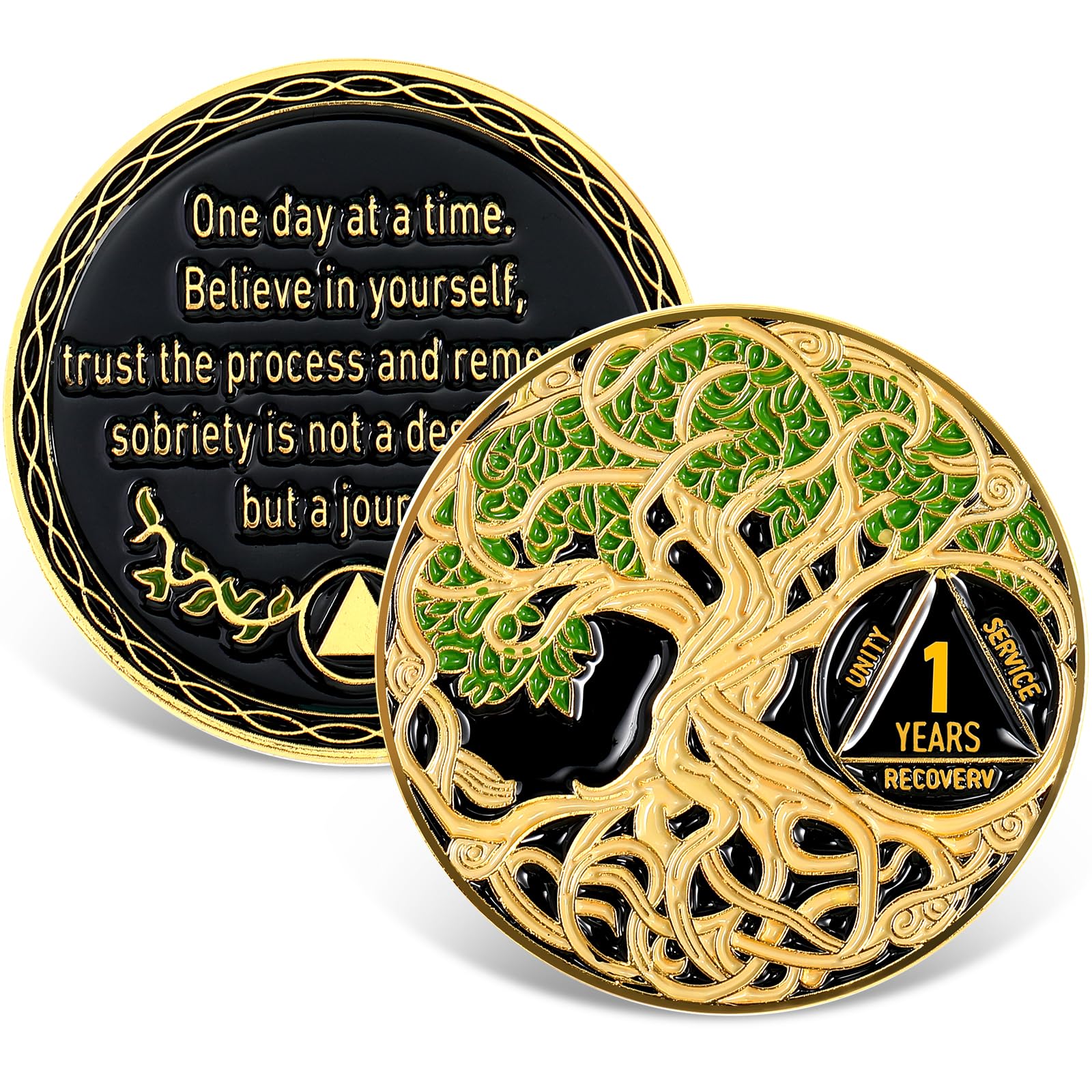 Ferreve sobriety coin in green with 1-year design, a daily motivational reminder.
