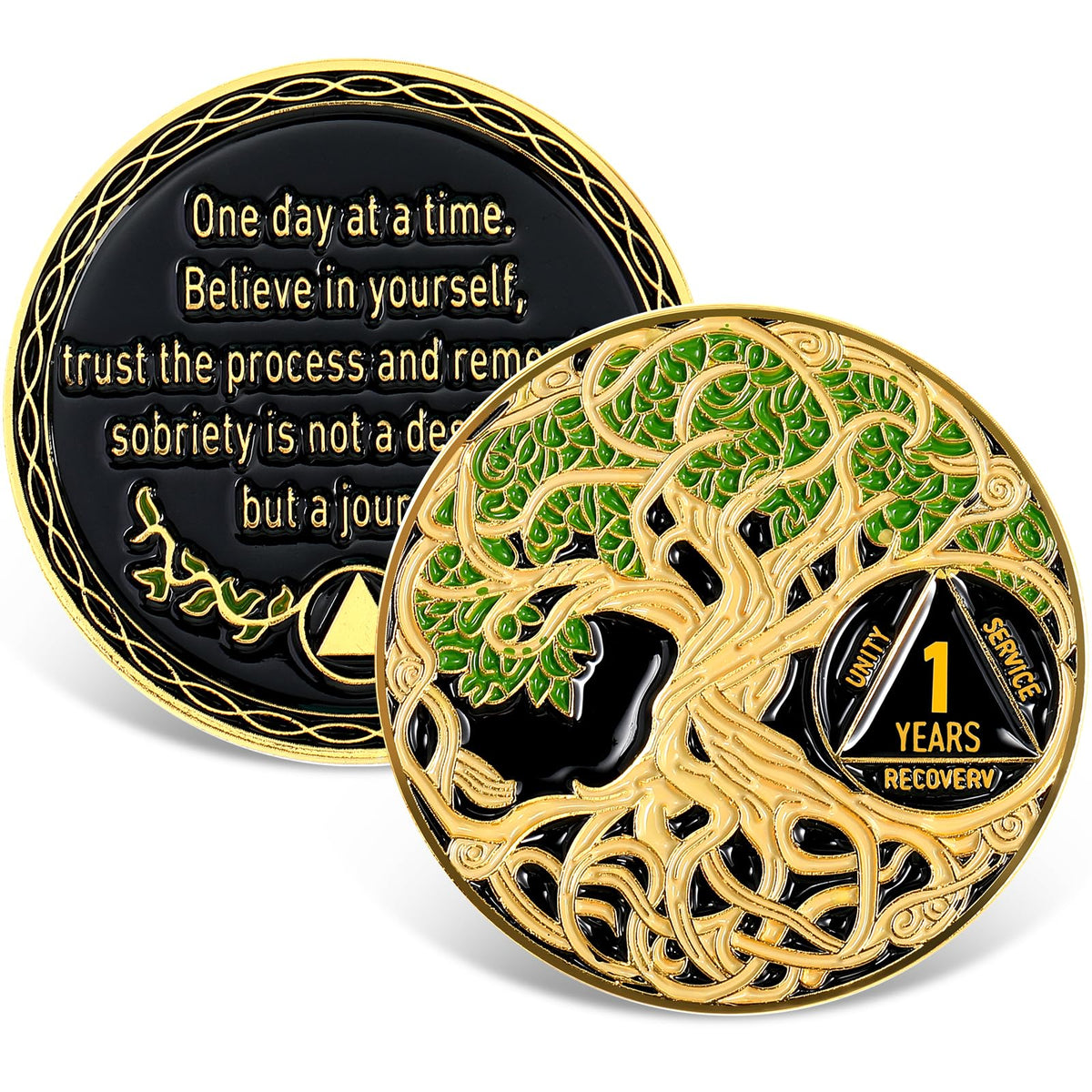 Ferreve sobriety coin in green with 1-year design, a daily motivational reminder.