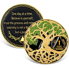 Ferreve sobriety coin in green with 1-year design, a daily motivational reminder.