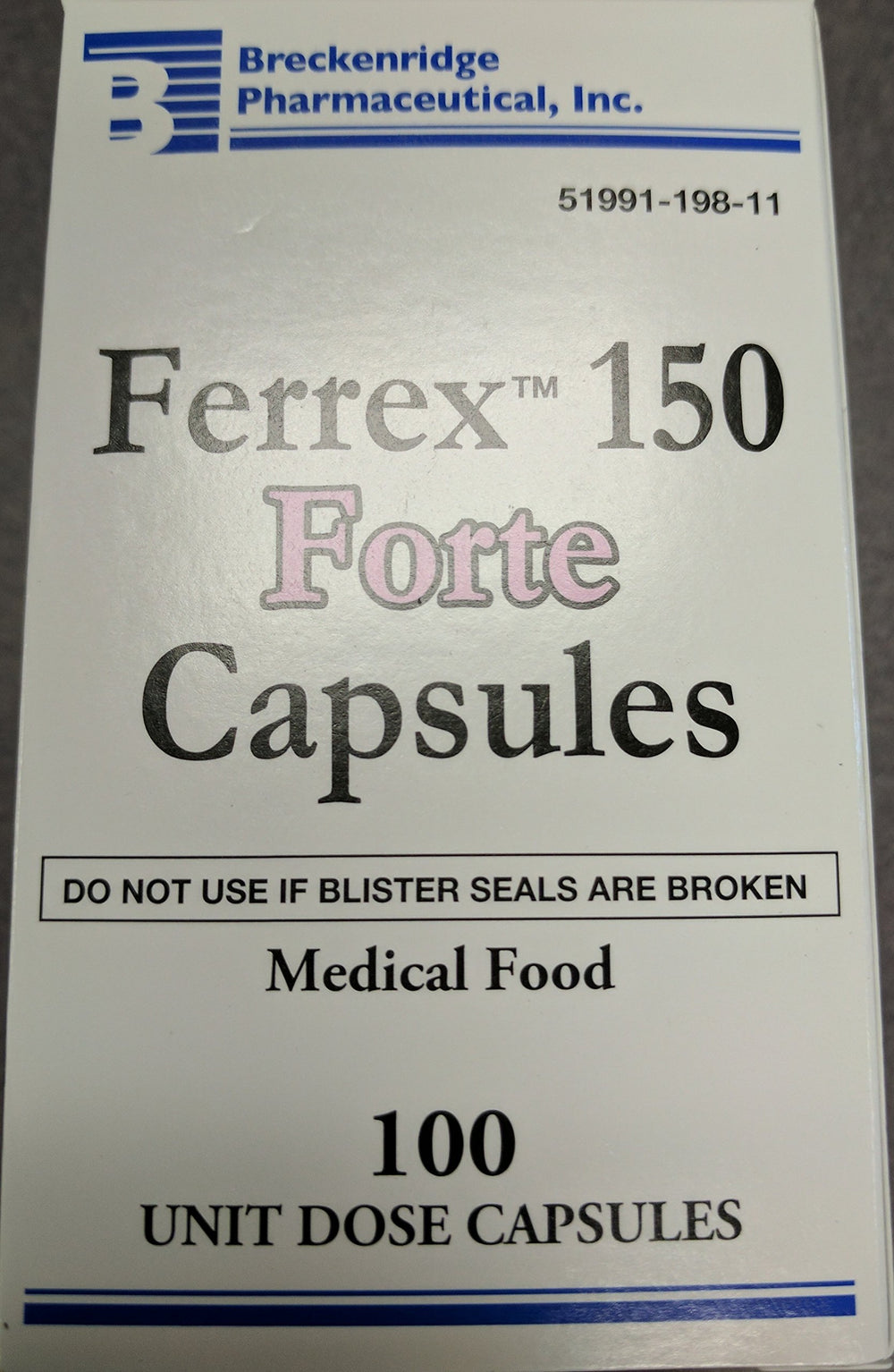 Ferrex 150 Forte capsules in blister pack for daily iron support under medical supervision.