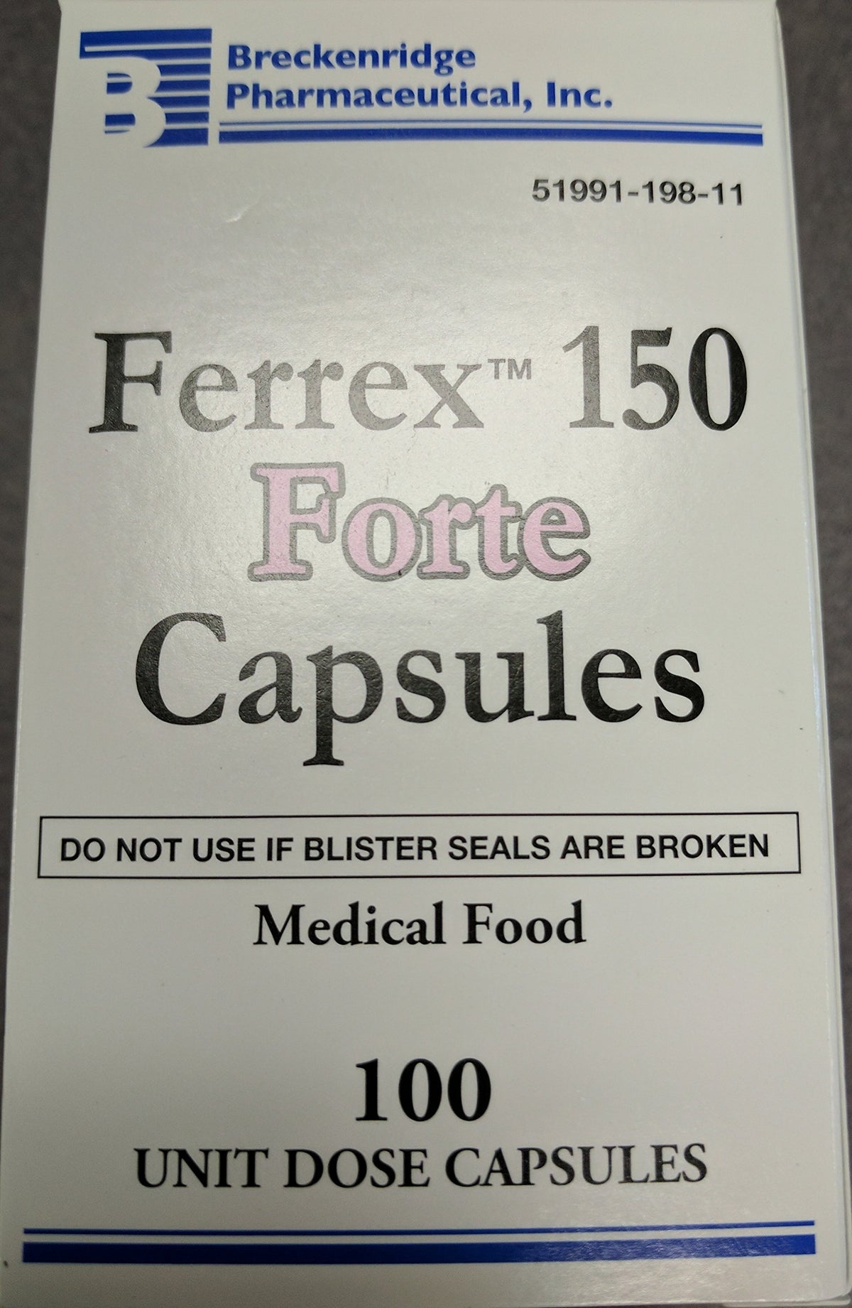 Ferrex 150 Forte capsules in blister pack for daily iron support under medical supervision.
