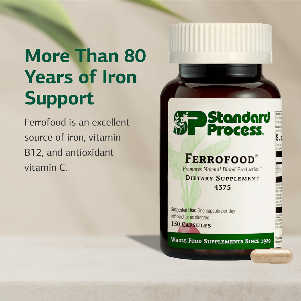 Ferrofood label closeup highlighting key ingredients including iron and B12