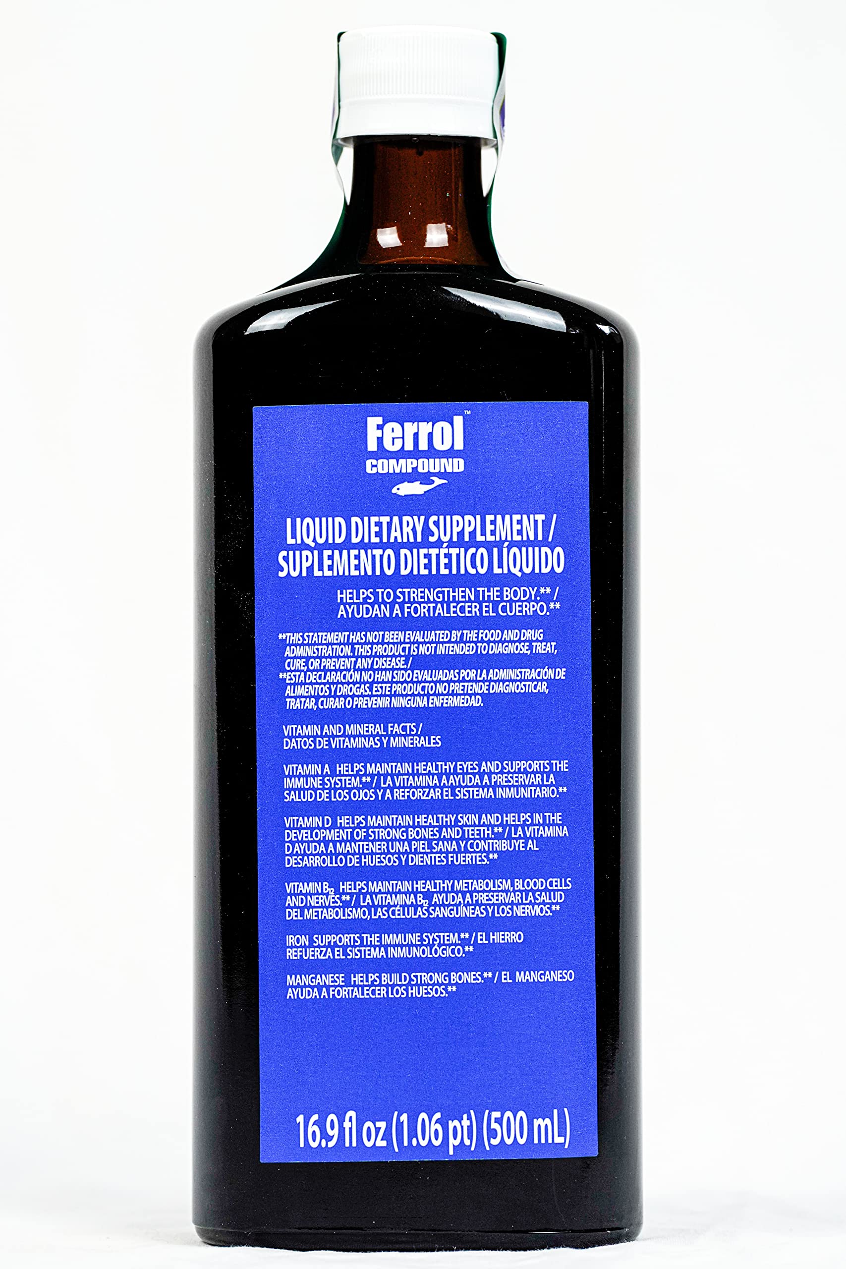 Ferrol Compound Liquid bottle back shows ingredients and everyday usage guidance.