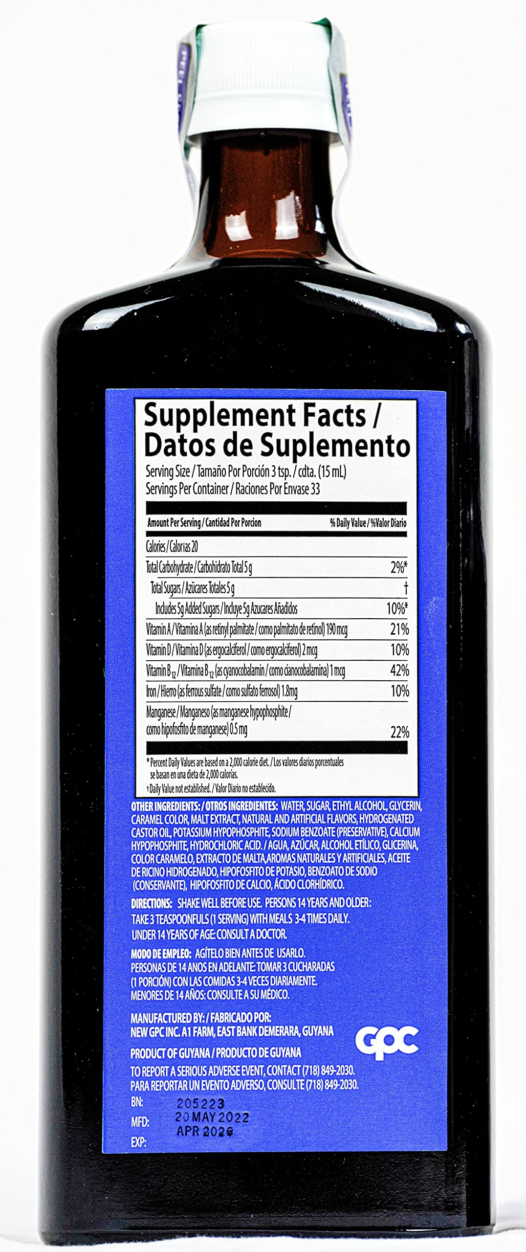 Ferrol Compound Liquid label close-up emphasizes iron content and potential immune support.