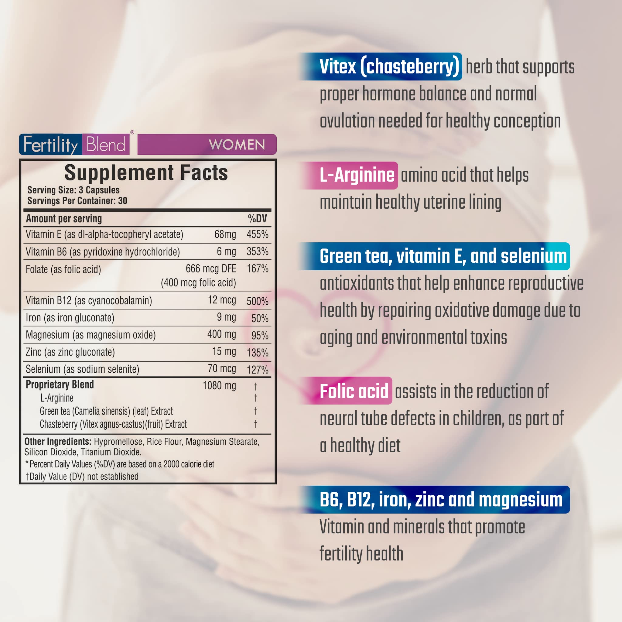 Fertility Blend daily wellness pills closeup highlights capsule texture and convenient dosing.
