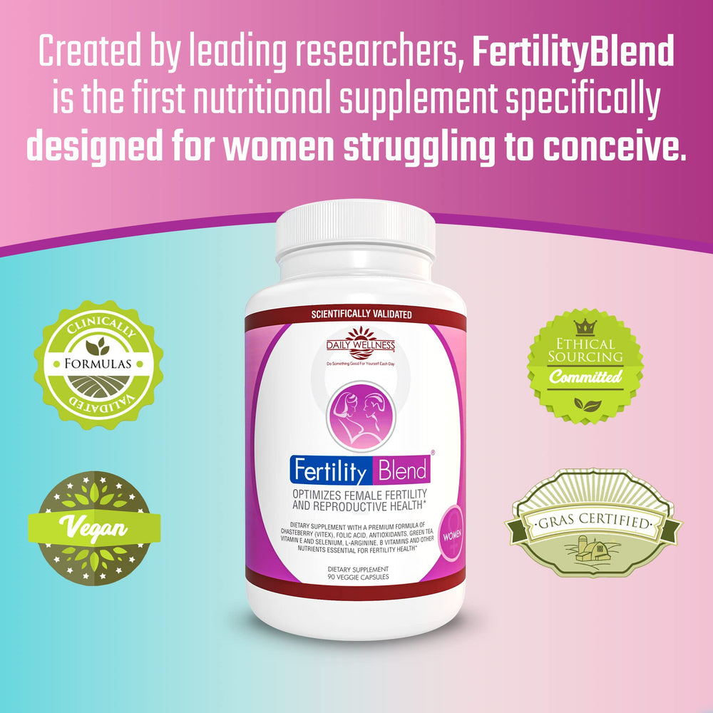Fertility Blend packaging open box shows 90 veggie capsules for long-term use.