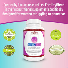 Fertility Blend packaging open box shows 90 veggie capsules for long-term use.