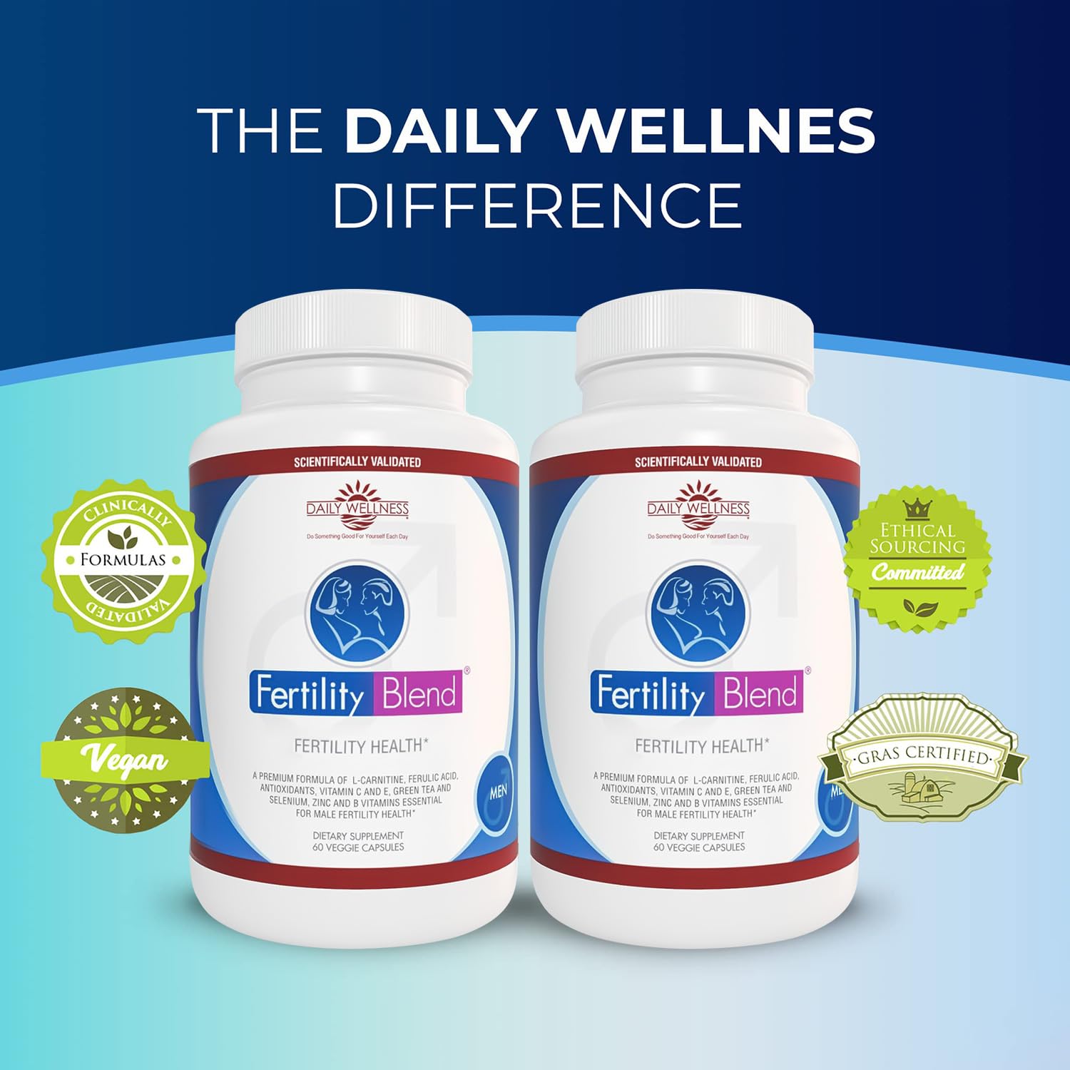 Fertility Blend pairing image with women's supplement concept, supports shared preconception goals