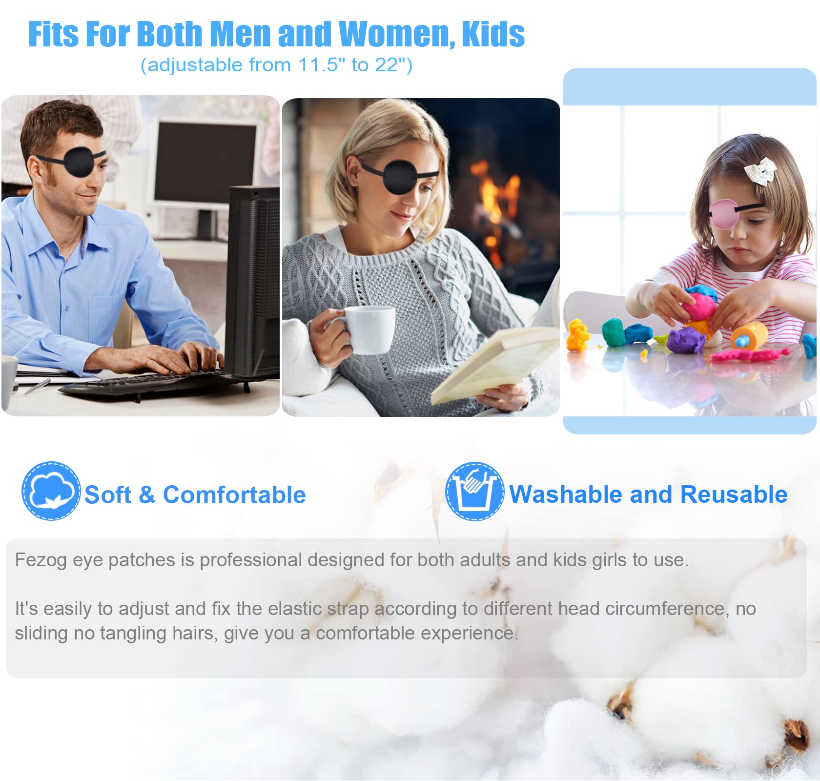 Fezog eye patch fits both eyes with adjustable sizing for kids and adults