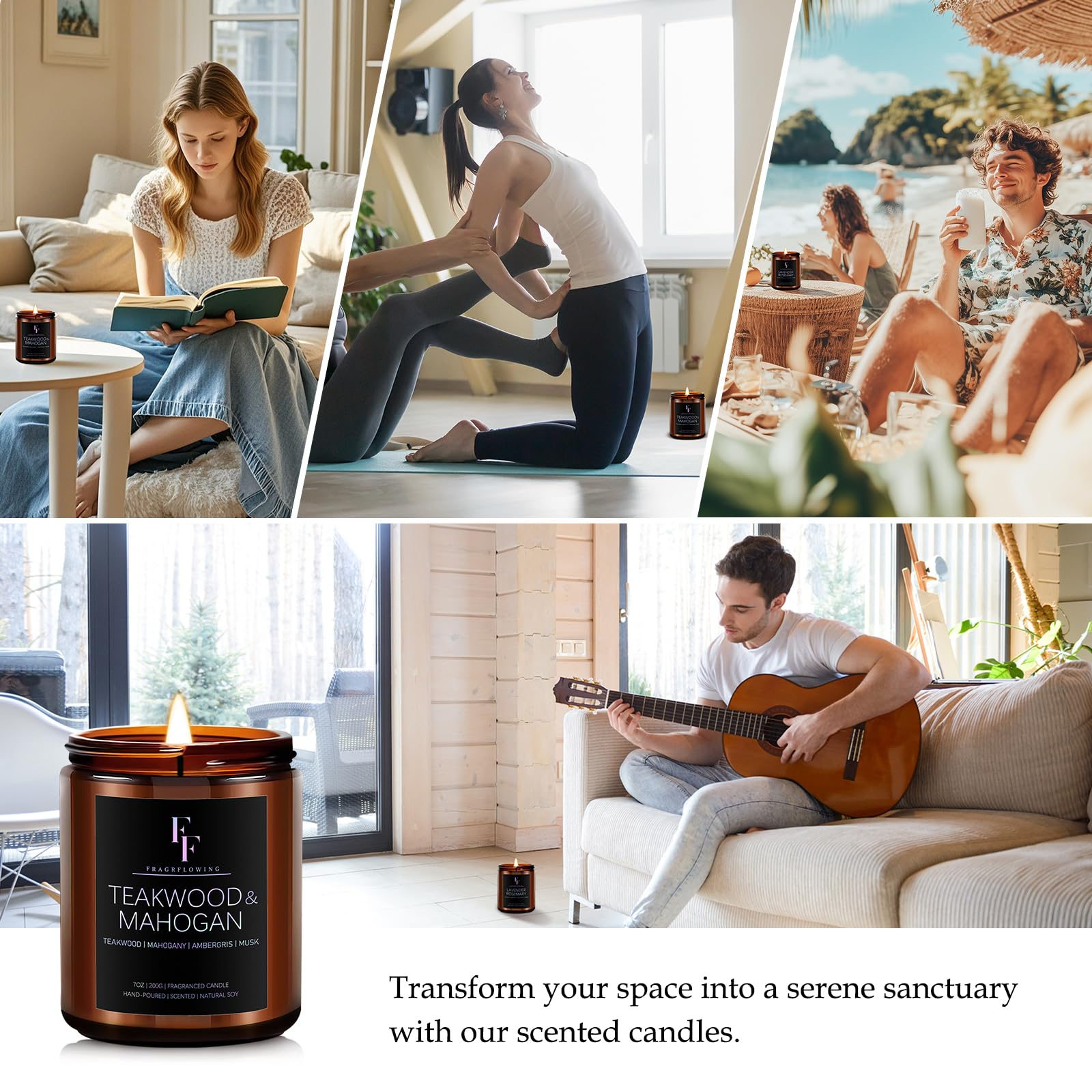 FF FRAGRFLOWING Teakwood Mahogany candle in a living room setting supporting calm focus and mood.